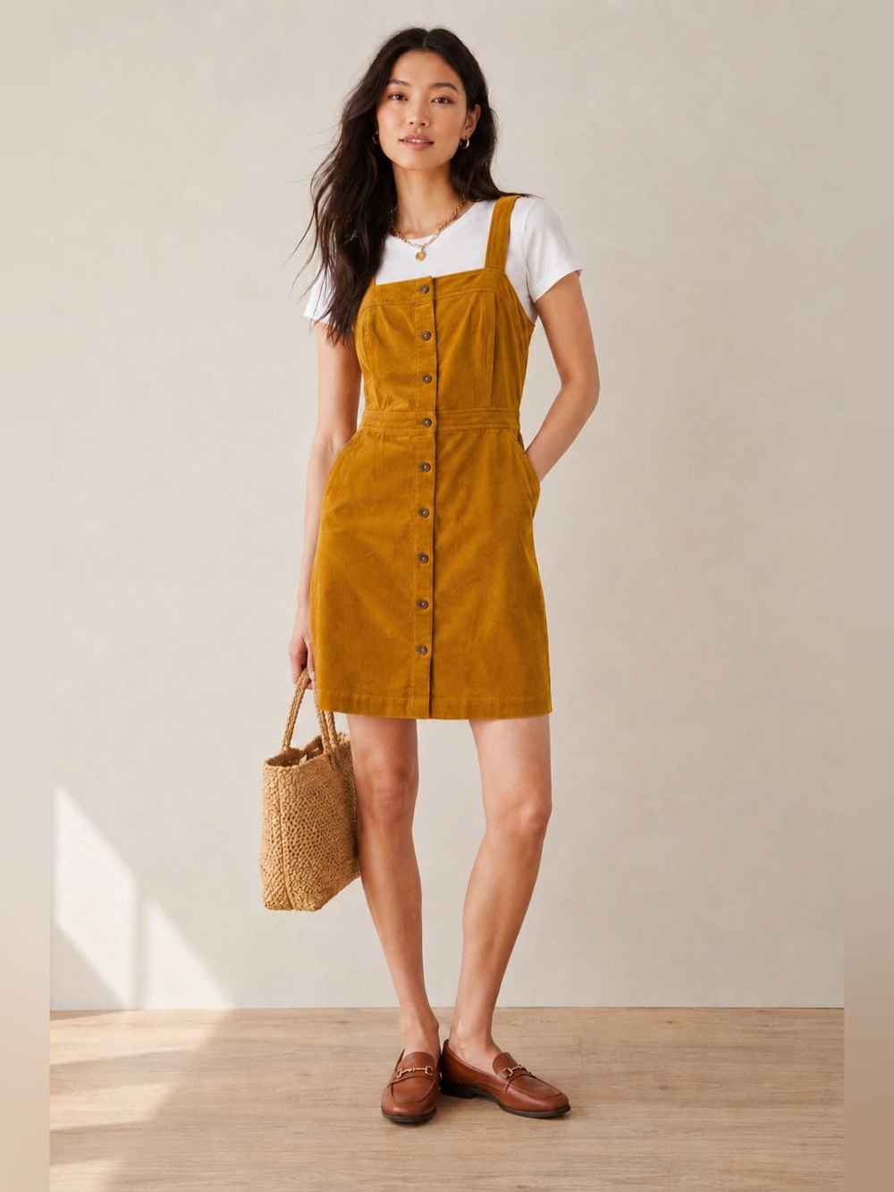 J. Crew Mustard Yellow Button-Front Corduroy Mini Dress